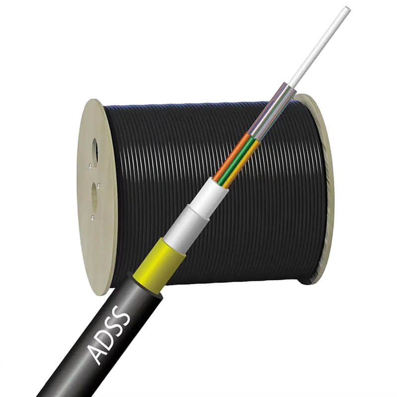 A spool of ADSS fiber optic cable with a detailed cable cross-section