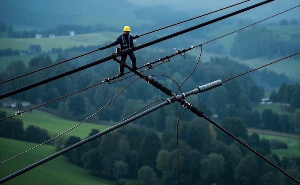 Worker installing ADSS cables on high-voltage power lines in a rural landscape
