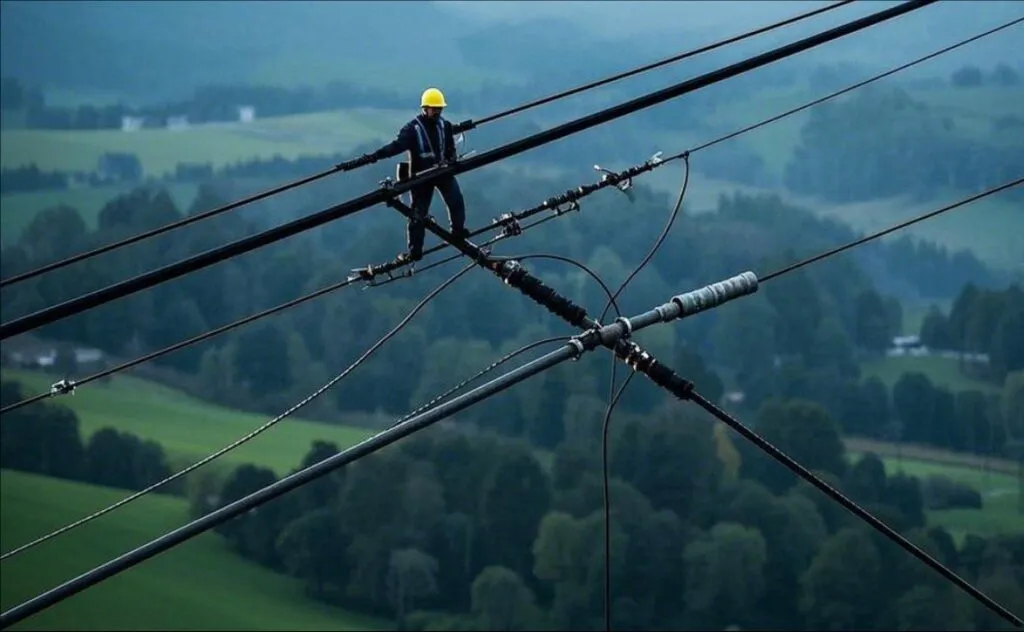 Worker installing ADSS cables on high-voltage power lines in a rural landscape