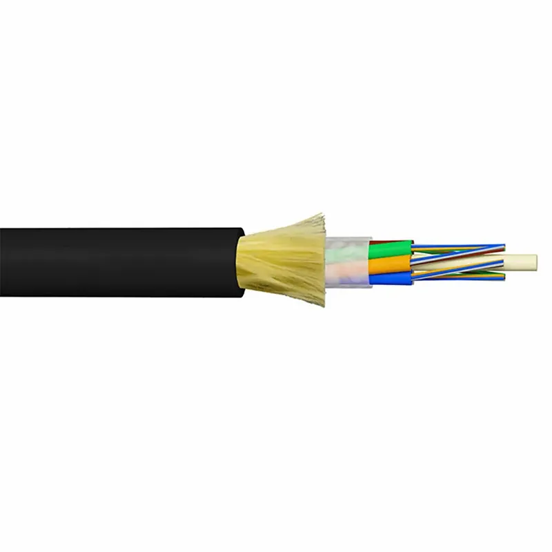Uma seção transversal detalhada de um cabo de fibra óptica ADSS revelando camadas internas