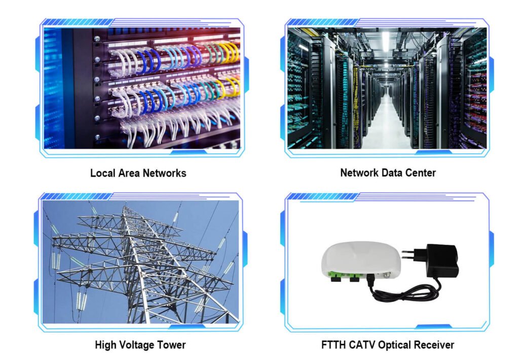 Illustration of OPGW applications in network infrastructure, data centers, high voltage towers, and FTTH optical receivers.