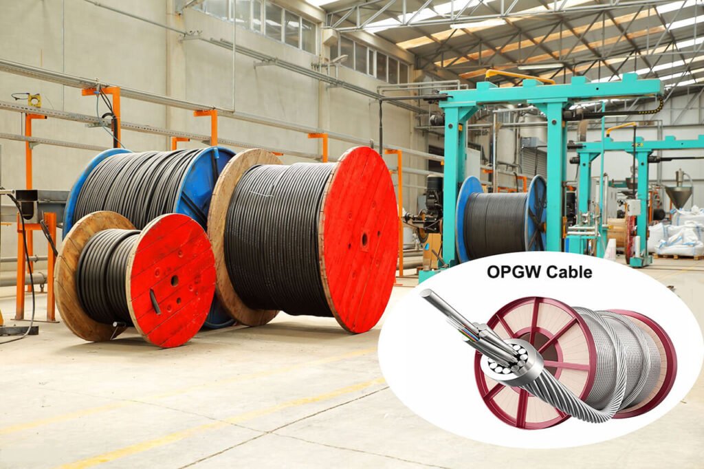 Industrial spools of OPGW manufacturing facility.