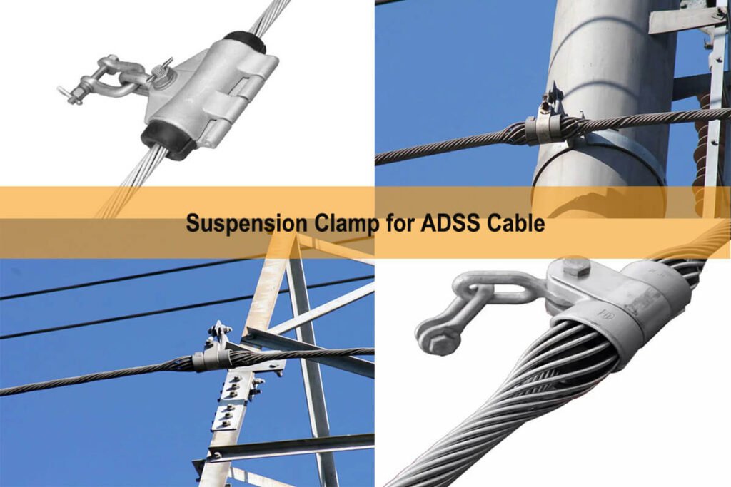 Close-up views of suspension clamps securing ADSS cables to poles and transmission towers.