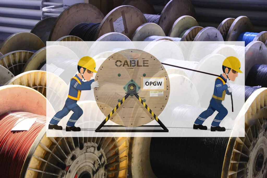 Workers handling OPGW cable reels, showcasing a guide for online purchases.