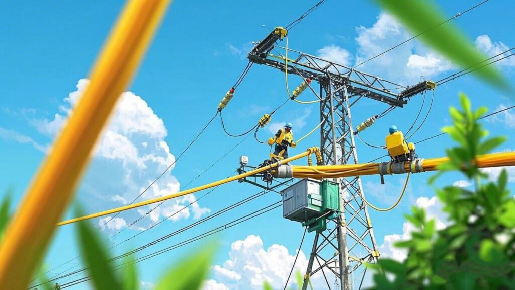 Technicians performing OPGW cable installation and maintenance on a high voltage tower.