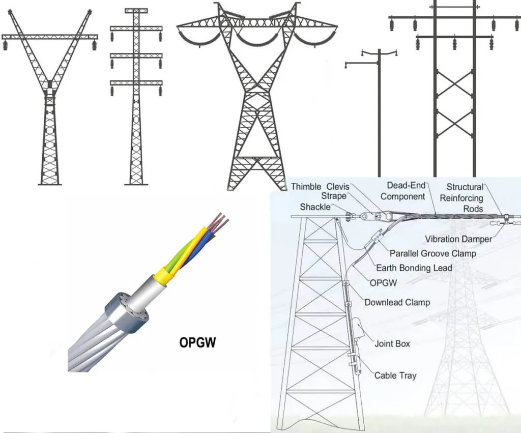 Diagram illustrating OPGW cable structure and its integration with power transmission towers.