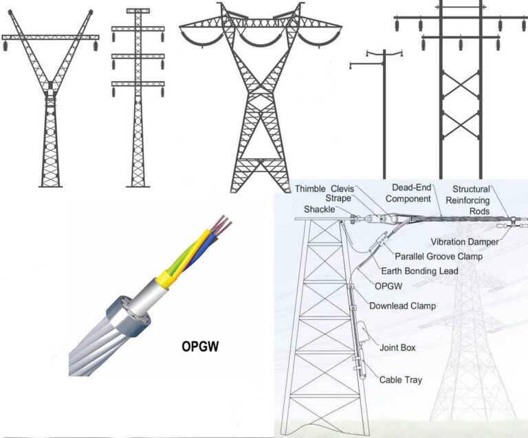 Diagram illustrating OPGW cable structure and its integration with power transmission towers.