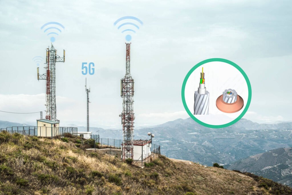 5G communication towers with OPWG cable for efficient connectivity.