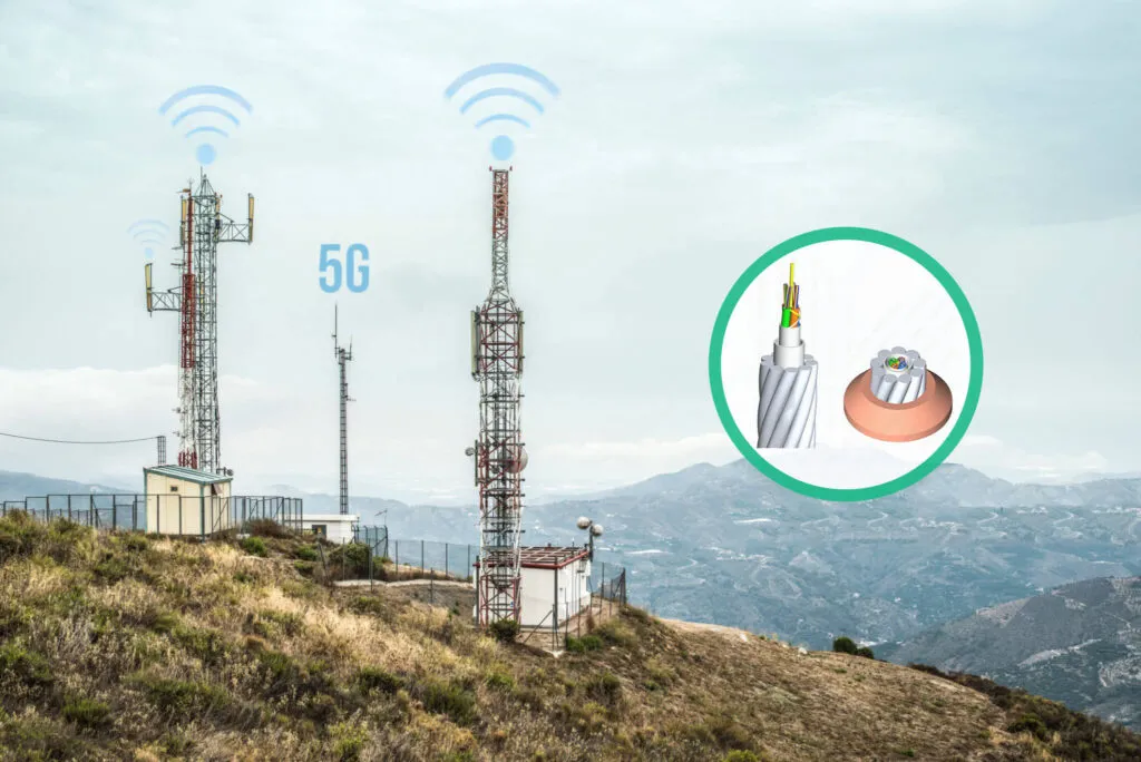 5G communication towers with OPWG cable for efficient connectivity.