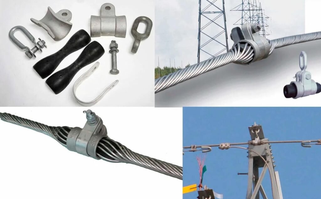 Components and installation of suspension clamps for OPGW fiber cables.