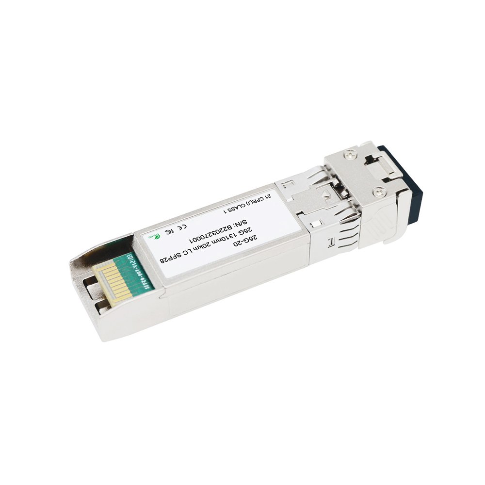 25G SFP28 transceiver module compatible with LC fiber cables.
