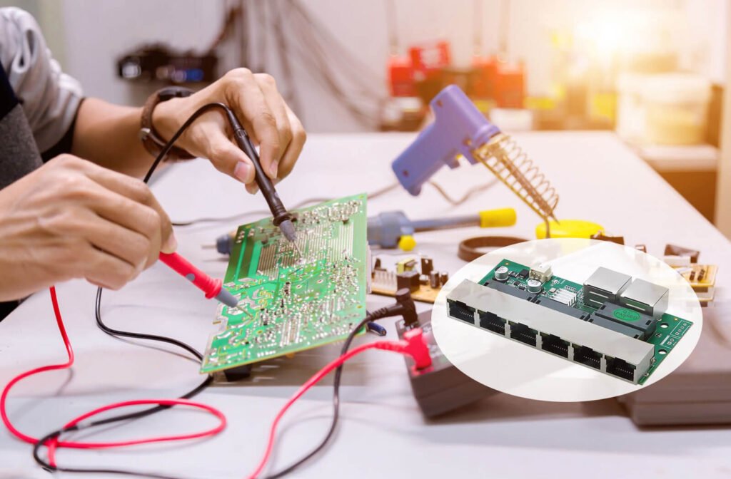 A technician using testing probes to examine a green printed circuit board in an electronics lab, with a POE switch PCB highlighted in the foreground.