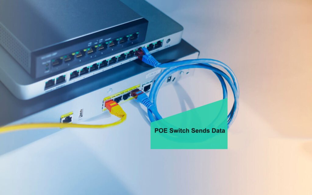 A Power over Ethernet (POE) switch with multiple network cables connected, facilitating data and power transmission for network devices.