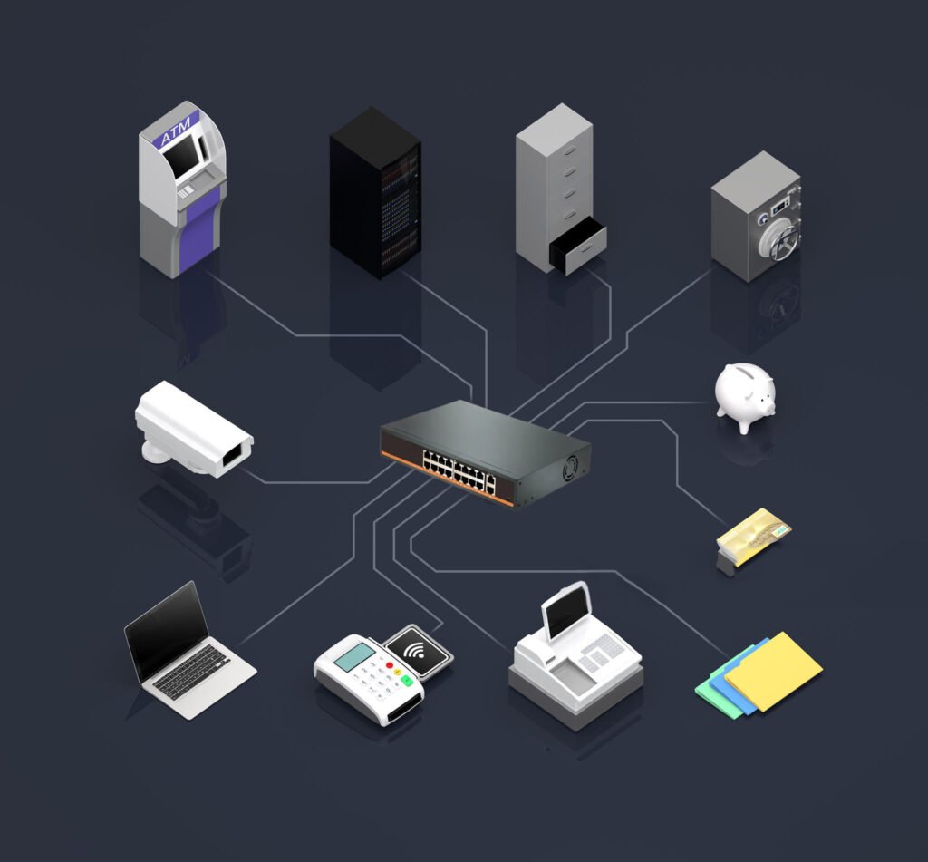 PoE switch connecting various financial and retail devices.