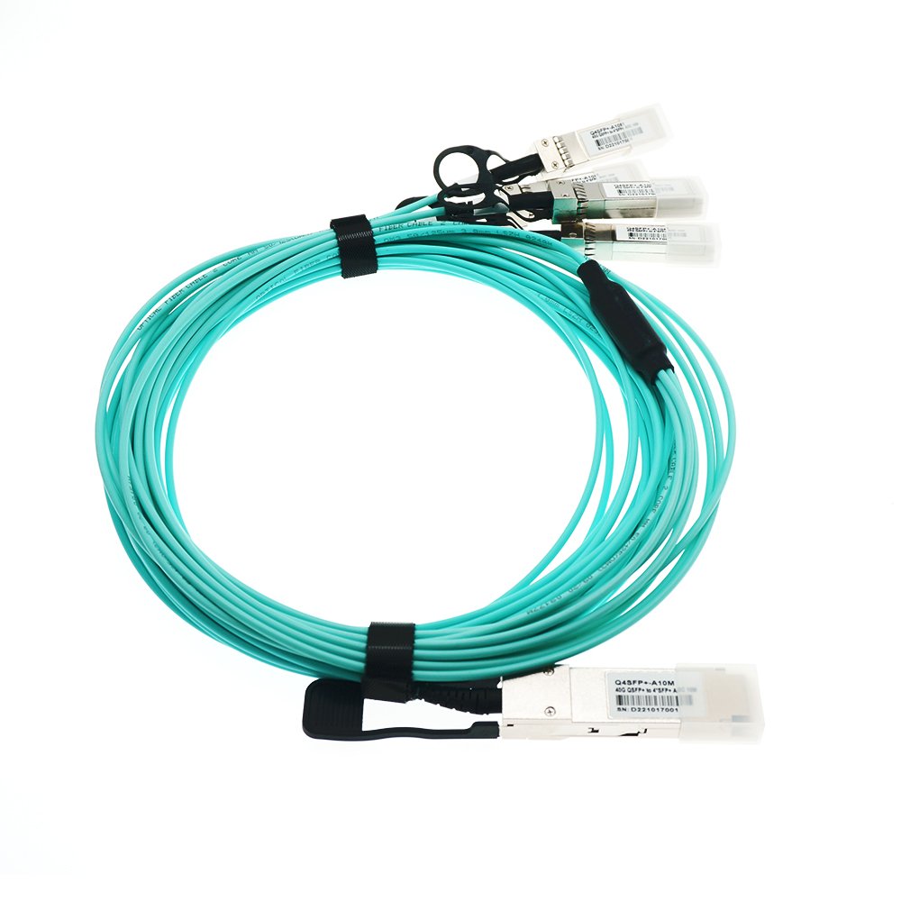 Aqua QSFP+ to 4x SFP+ breakout AOC cable with optical transceivers.