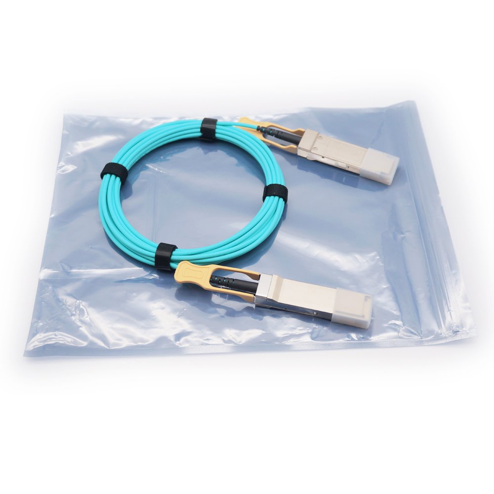 QSFP56 200G AOC cable with yellow pull-tabs, coiled on antistatic packaging.