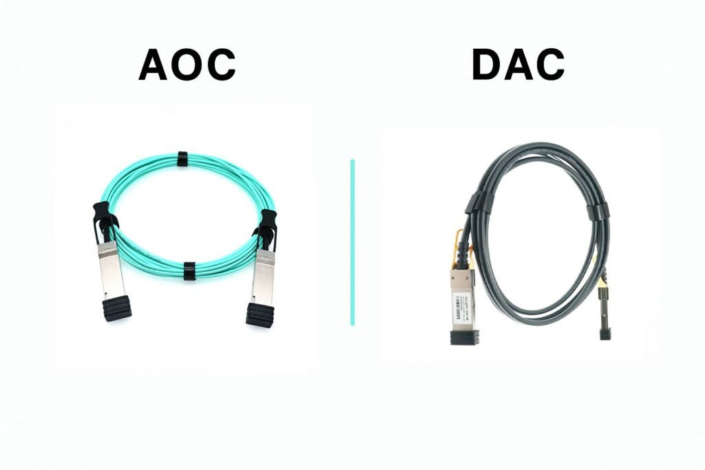 Side-by-side flat illustration of a turquoise Active Optical Cable (AOC) with glowing optical path and MPO connectors, and a black Direct Attach Copper Cable (DAC) with silver SFP+ connectors, each clearly labeled against a white background.