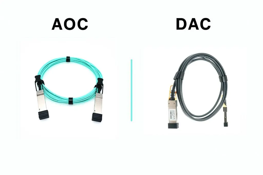 Side-by-side flat illustration of a turquoise Active Optical Cable (AOC) with glowing optical path and MPO connectors, and a black Direct Attach Copper Cable (DAC) with silver SFP+ connectors, each clearly labeled against a white background.