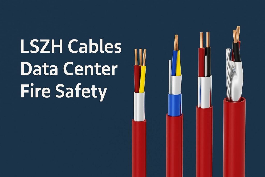 Four red-sheathed LSZH cable cross-sections showing metallic shields and colored conductors against a dark blue background with the text “LSZH Cables Data Center Fire Safety.