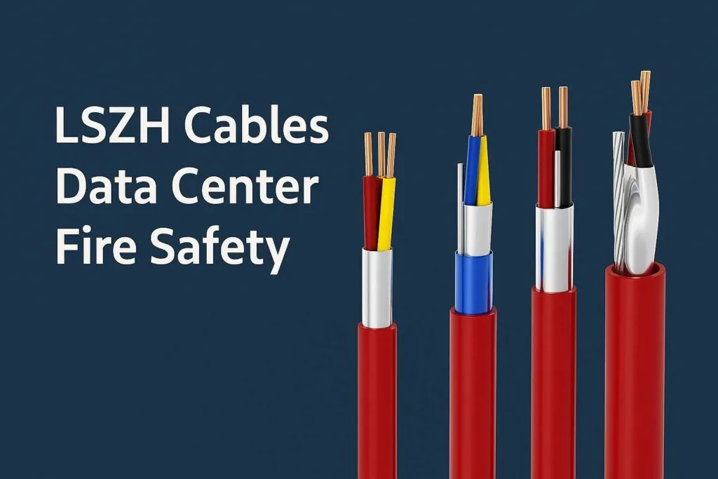 Four red-sheathed LSZH cable cross-sections showing metallic shields and colored conductors against a dark blue background with the text “LSZH Cables Data Center Fire Safety.