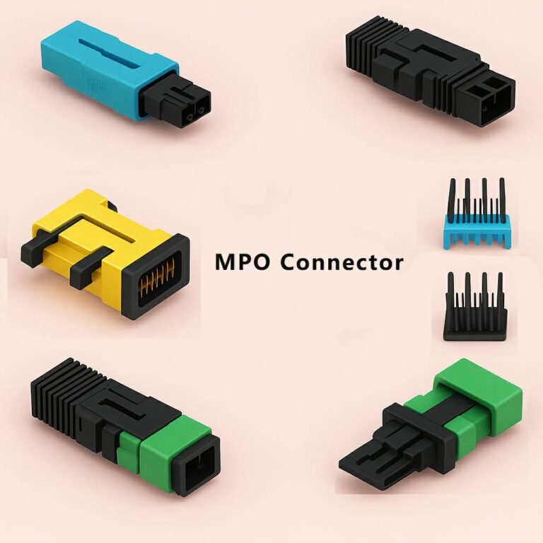 3D-rendered array of MPO connector parts—including blue and green male/female housings, yellow fiber adapter, and sets of alignment pins—arranged around the label “MPO Connector” on a light background.