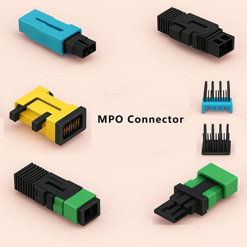 3D-rendered array of MPO connector parts—including blue and green male/female housings, yellow fiber adapter, and sets of alignment pins—arranged around the label “MPO Connector” on a light background.