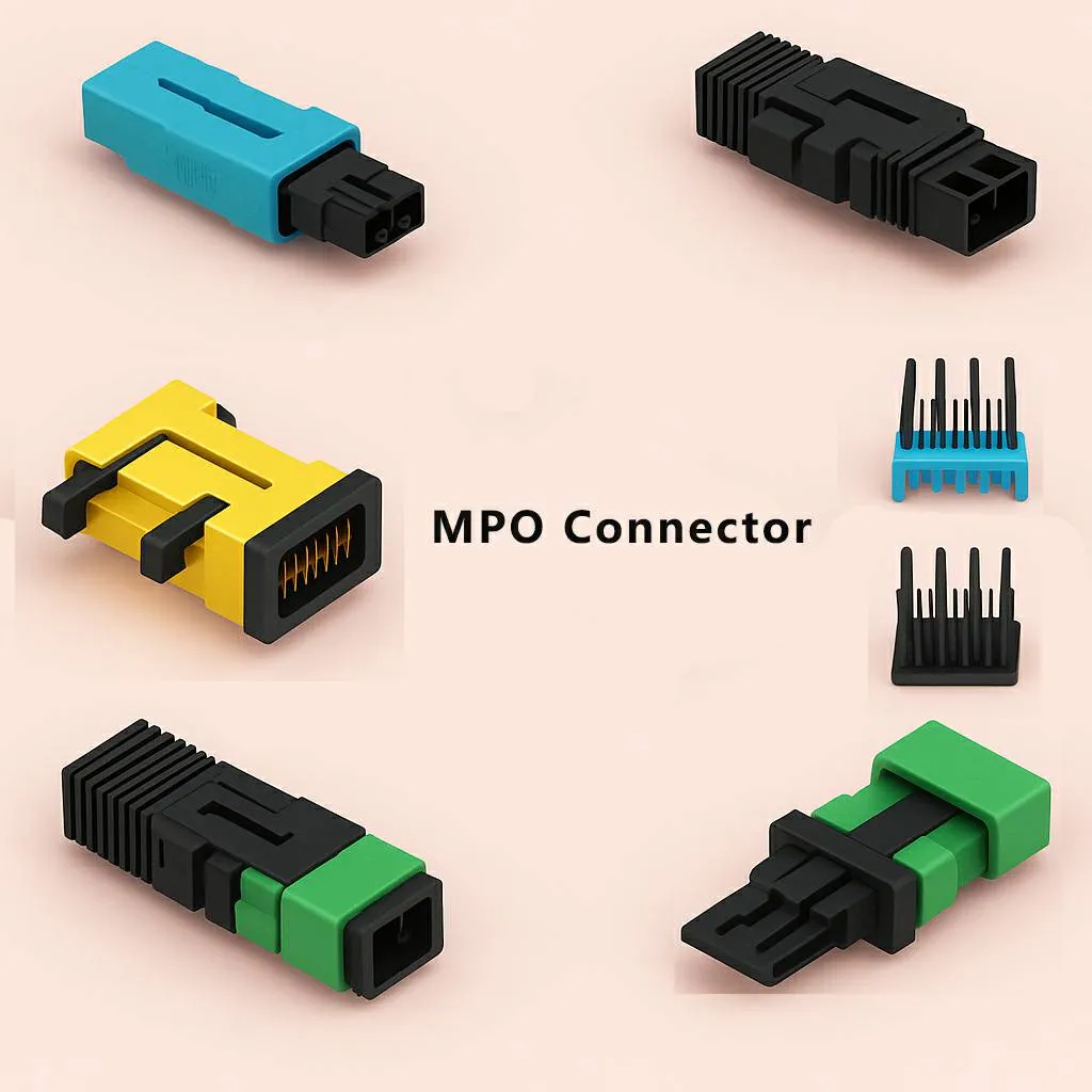 3D-rendered array of MPO connector parts—including blue and green male/female housings, yellow fiber adapter, and sets of alignment pins—arranged around the label “MPO Connector” on a light background.