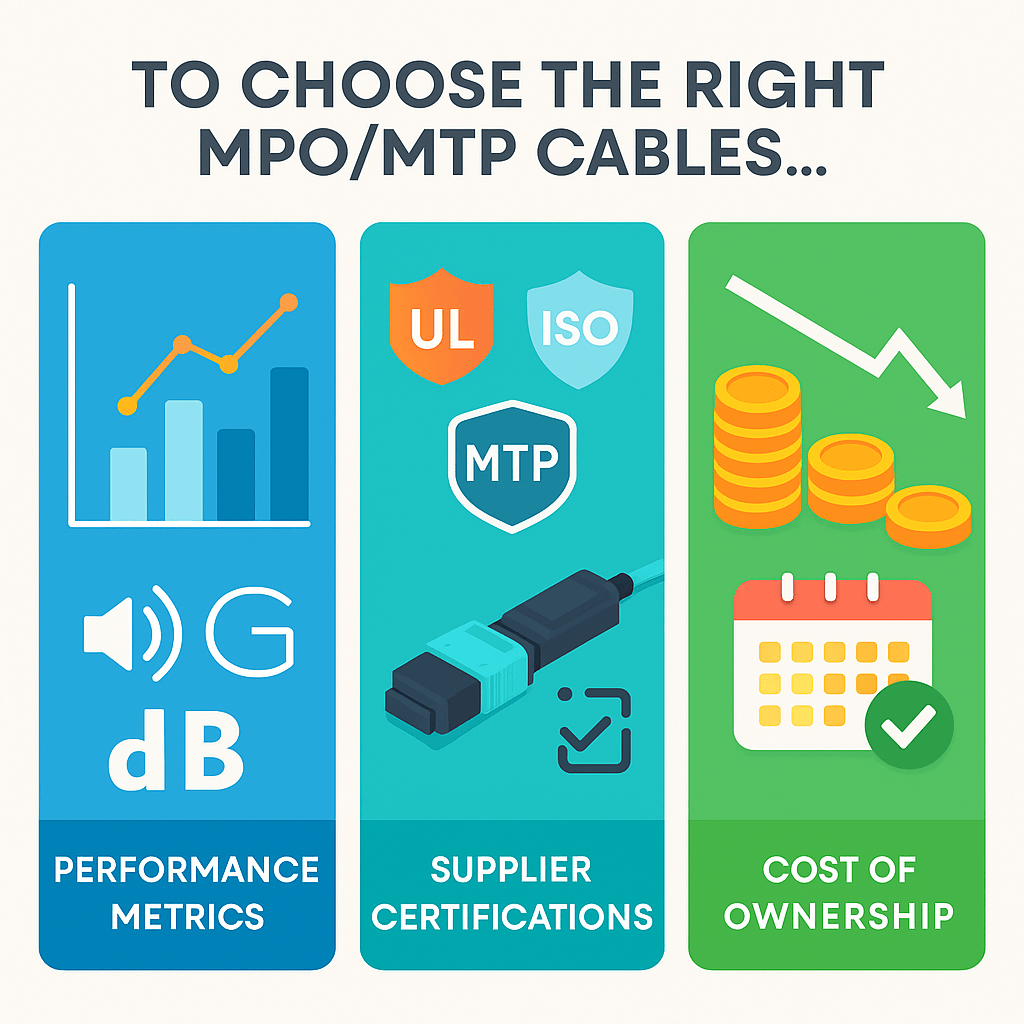 Three-panel infographic highlighting Performance Metrics with charts and decibel icons, Supplier Certifications with UL/ISO badges and an MTP connector, and Cost of Ownership with stacked coins and a calendar.
