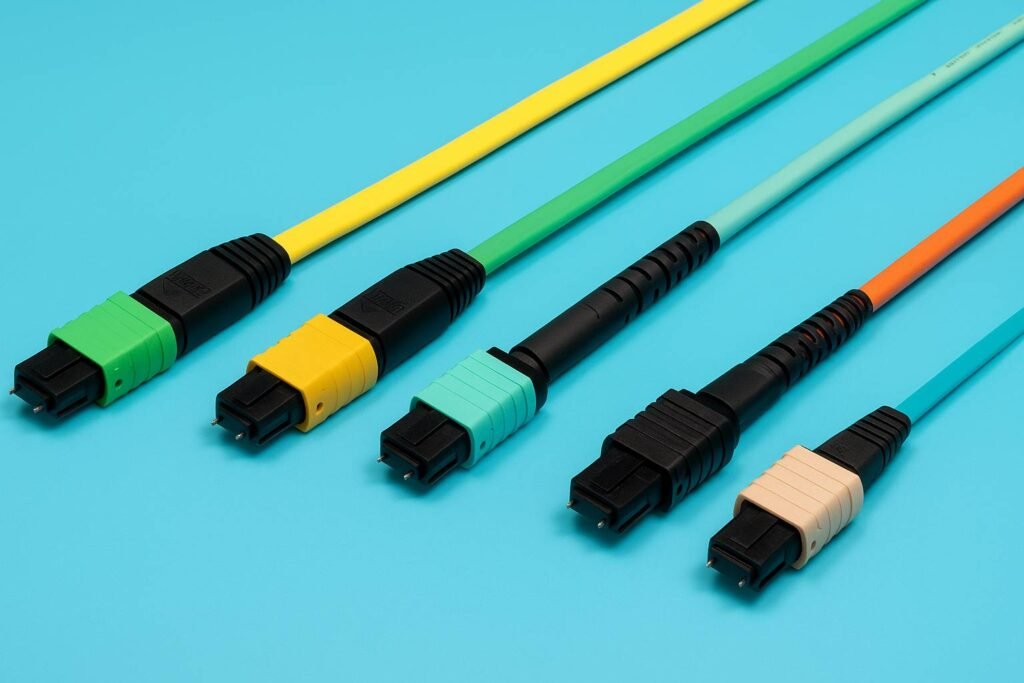 Five MPO-terminated trunk cables with color-coded strain relief boots—yellow, green, aqua, black, and beige—laid out diagonally on a turquoise background, highlighting different MPO cable options.