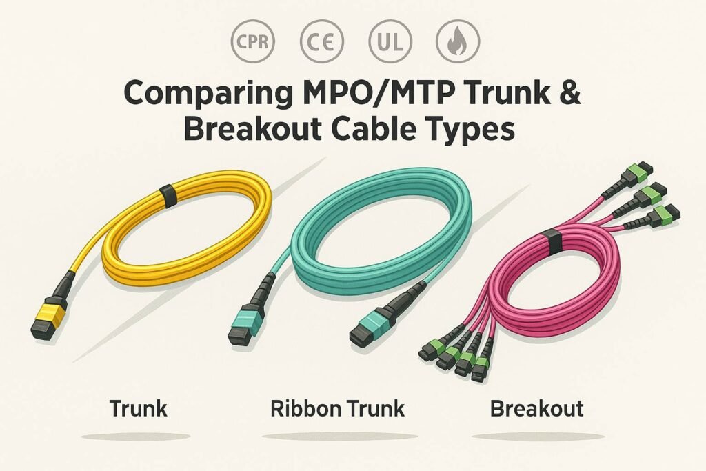Three coiled MPO/MTP cables labeled “Trunk” (yellow), “Ribbon Trunk” (aqua), and “Breakout” (pink) side by side on a light background with certification icons atop.