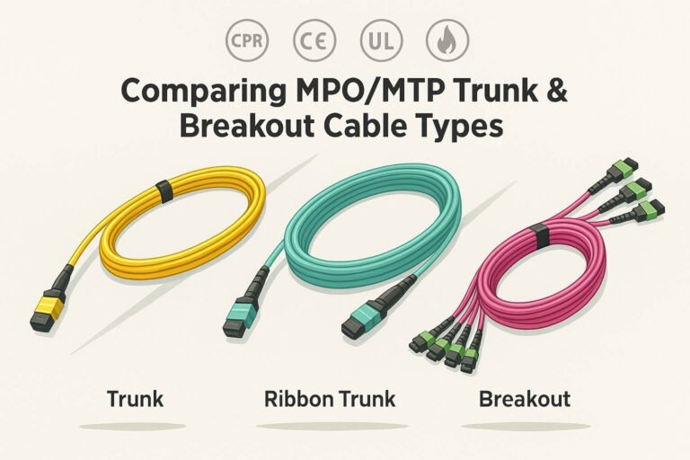 Three coiled MPO/MTP cables labeled “Trunk” (yellow), “Ribbon Trunk” (aqua), and “Breakout” (pink) side by side on a light background with certification icons atop.