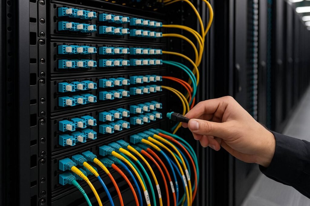 Technician’s hand plugging a pre-terminated fiber optic cable into a high-density data center patch panel, with rows of multicolored pre-terminated cables neatly organized in the rack.