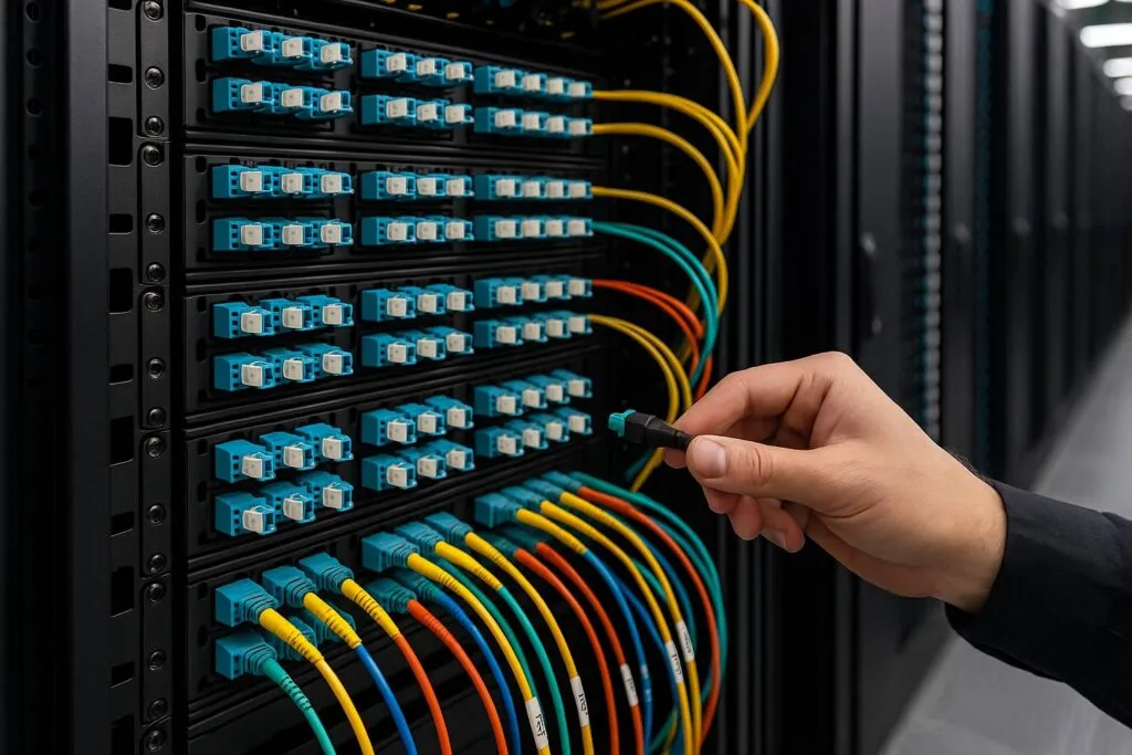 Technician’s hand plugging a pre-terminated fiber optic cable into a high-density data center patch panel, with rows of multicolored pre-terminated cables neatly organized in the rack.