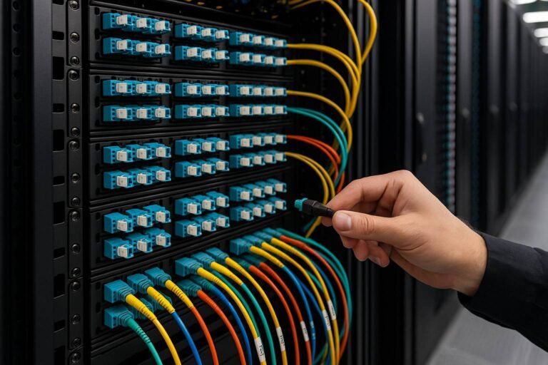 Technician’s hand plugging a pre-terminated fiber optic cable into a high-density data center patch panel, with rows of multicolored pre-terminated cables neatly organized in the rack.