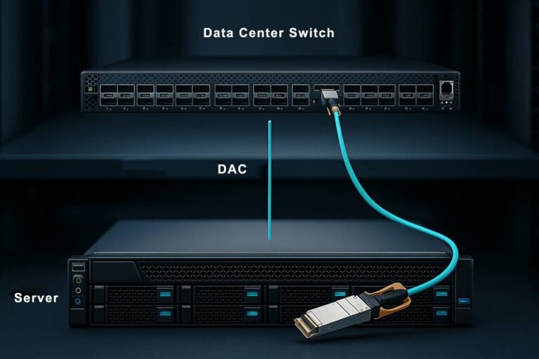 Turquoise DAC directly linking a rack-mounted data center switch on the top shelf to a server on the bottom shelf, illustrating a high-speed, short-reach copper connection.