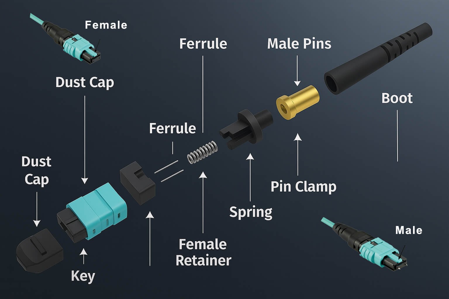 Detailed breakdown of MPO/MTP connector internal components.