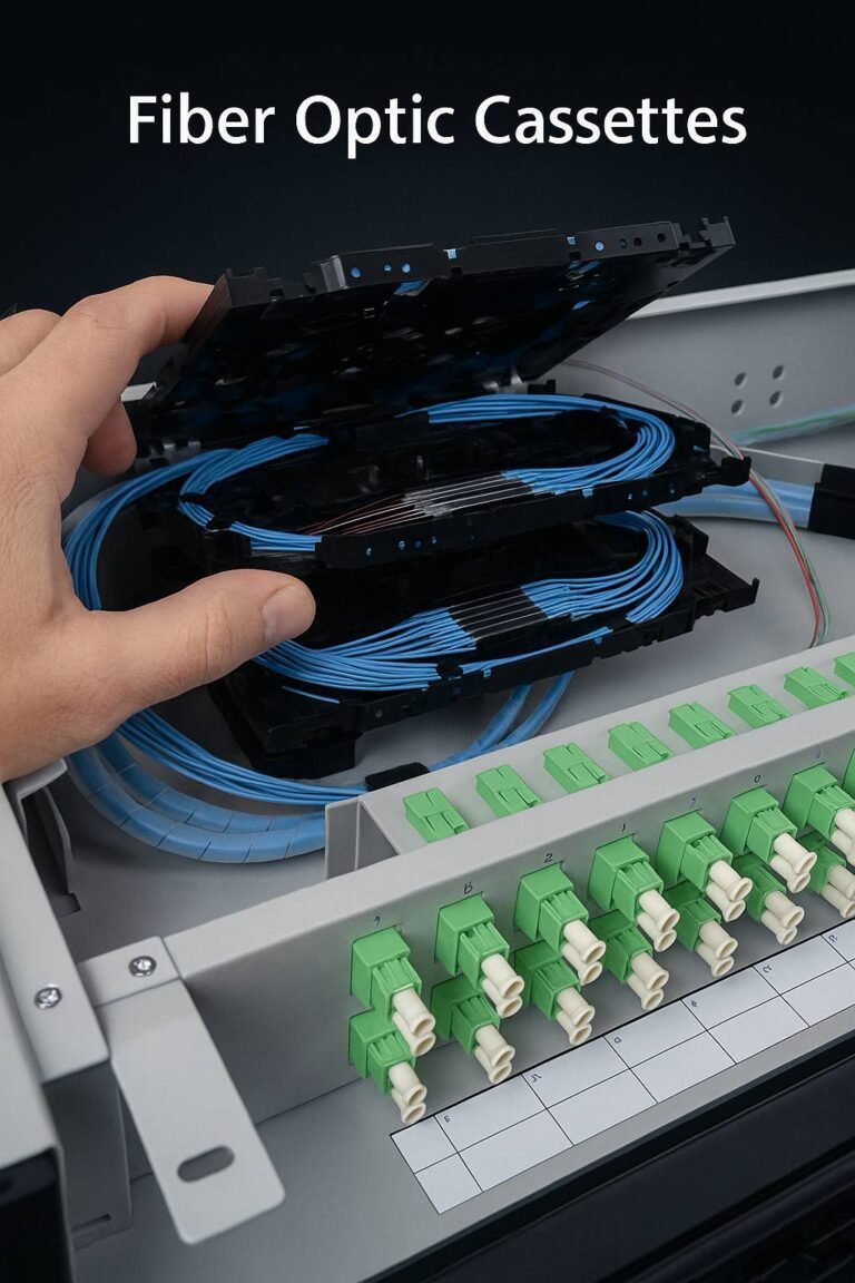 A hand lifts a fiber optic cassette tray revealing neatly arranged blue pigtail fibers inside a distribution frame, with green LC connectors and labeled ports at the front.