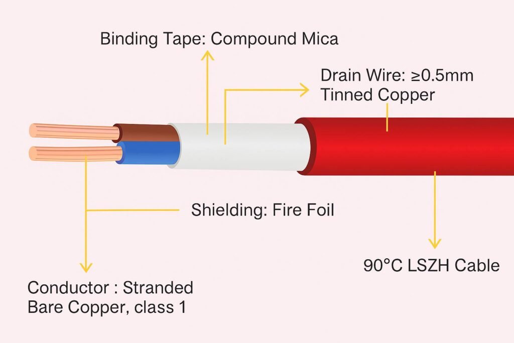 Cross-section of a red 90 °C LSZH fire-rated cable showing stranded bare copper conductors, compound mica binding tape, fire-foil shielding, and a ≥0.5 mm tinned copper drain wire, annotated on a pale background.