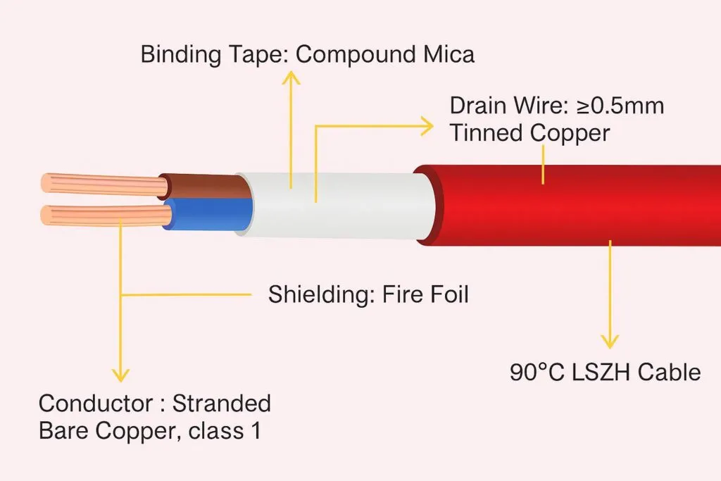 Cross-section of a red 90 °C LSZH fire-rated cable showing stranded bare copper conductors, compound mica binding tape, fire-foil shielding, and a ≥0.5 mm tinned copper drain wire, annotated on a pale background.