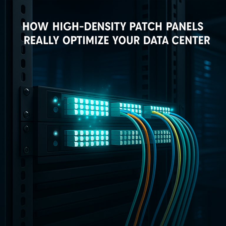 High-density fiber optic patch panels in a data center rack with neatly organized, colorful cables and glowing port indicators.