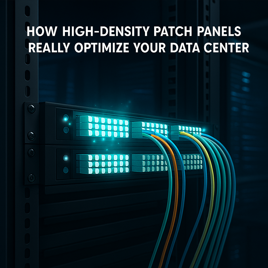 High-density fiber optic patch panels in a data center rack with neatly organized, colorful cables and glowing port indicators.