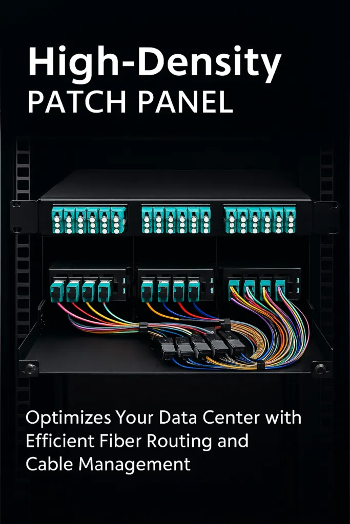 Panneau de brassage noir 1U avec 24 ports duplex LC et cassettes amovibles, présentant un routage de fibre coloré et une gestion des câbles dans un rack de centre de données.