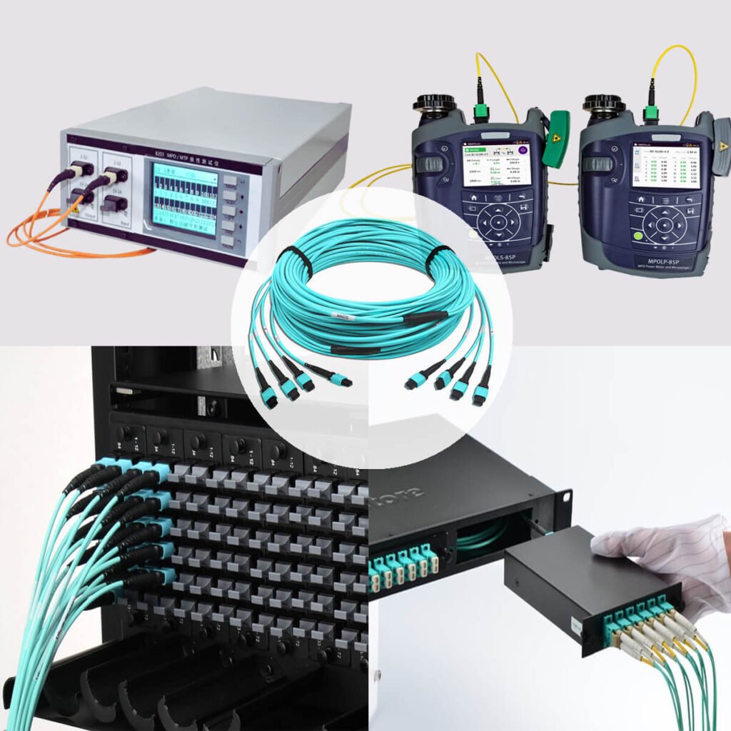 MPO/MTP cables with testing and inspection equipment.