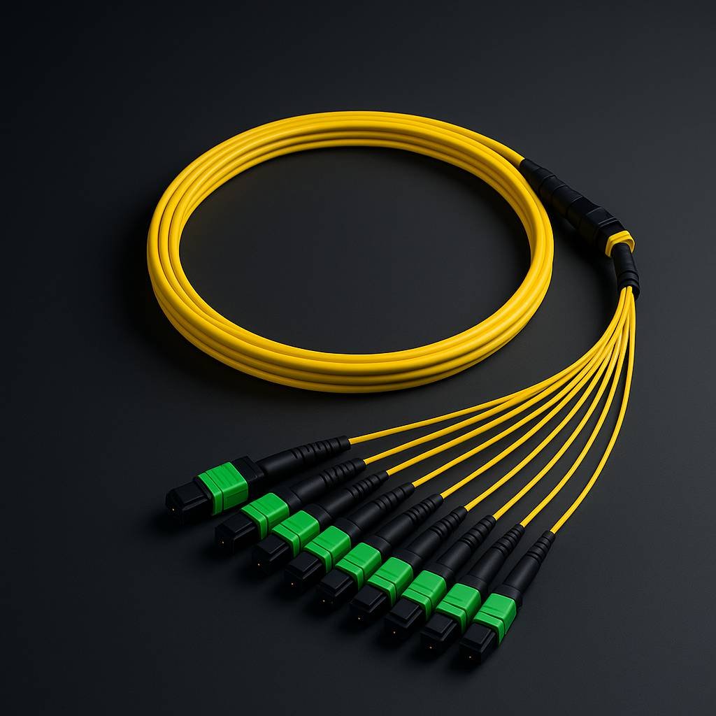 Coiled yellow multi-fiber breakout cable on a dark background, featuring a black breakout housing and eight green SC/APC connectors fanning out neatly.Coiled yellow multi-fiber breakout cable on a dark background, featuring a black breakout housing and eight green SC/APC connectors fanning out neatly.