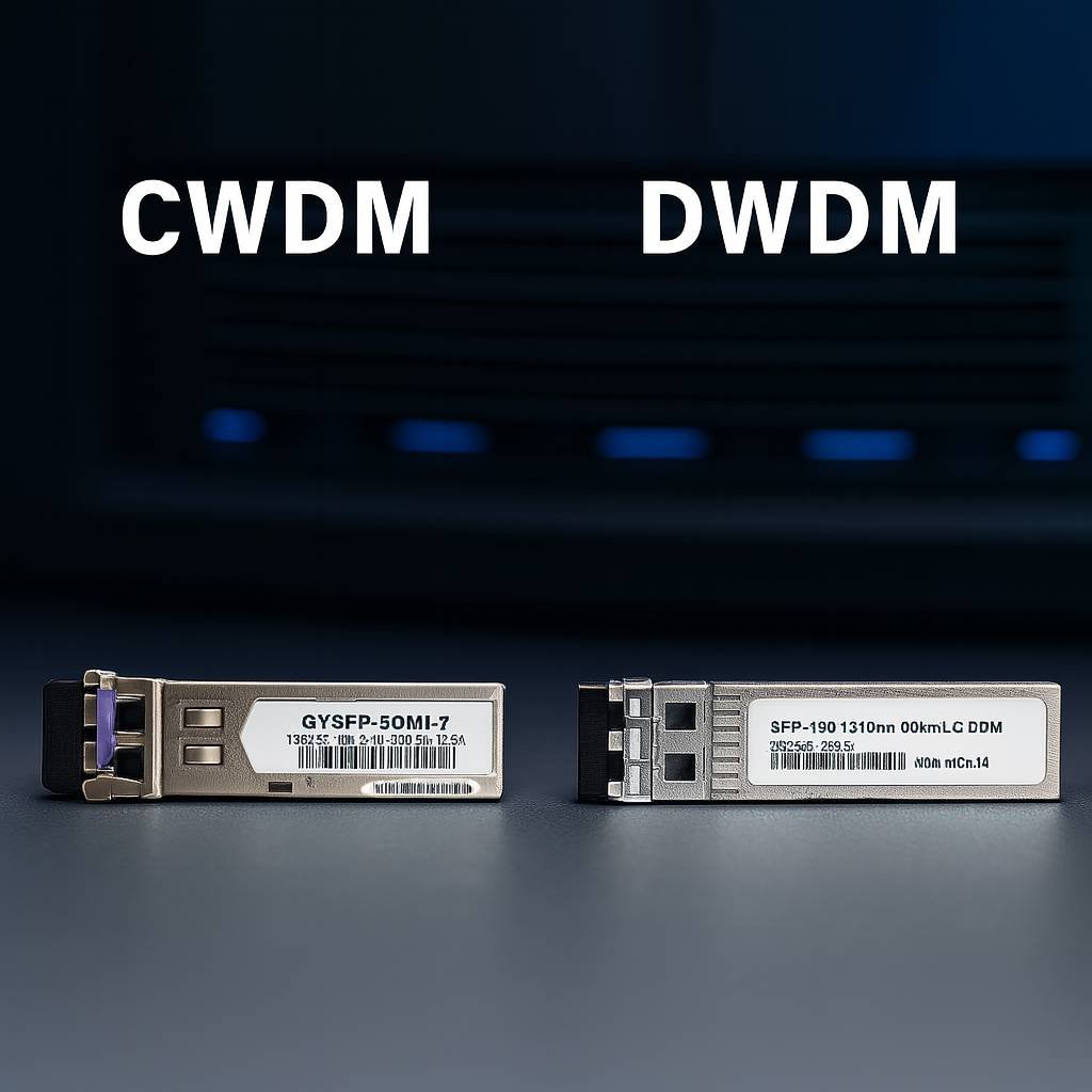 Side-by-side comparison of two metal SFP modules labeled CWDM and DWDM placed on a dark reflective surface with blurred network equipment in the background.