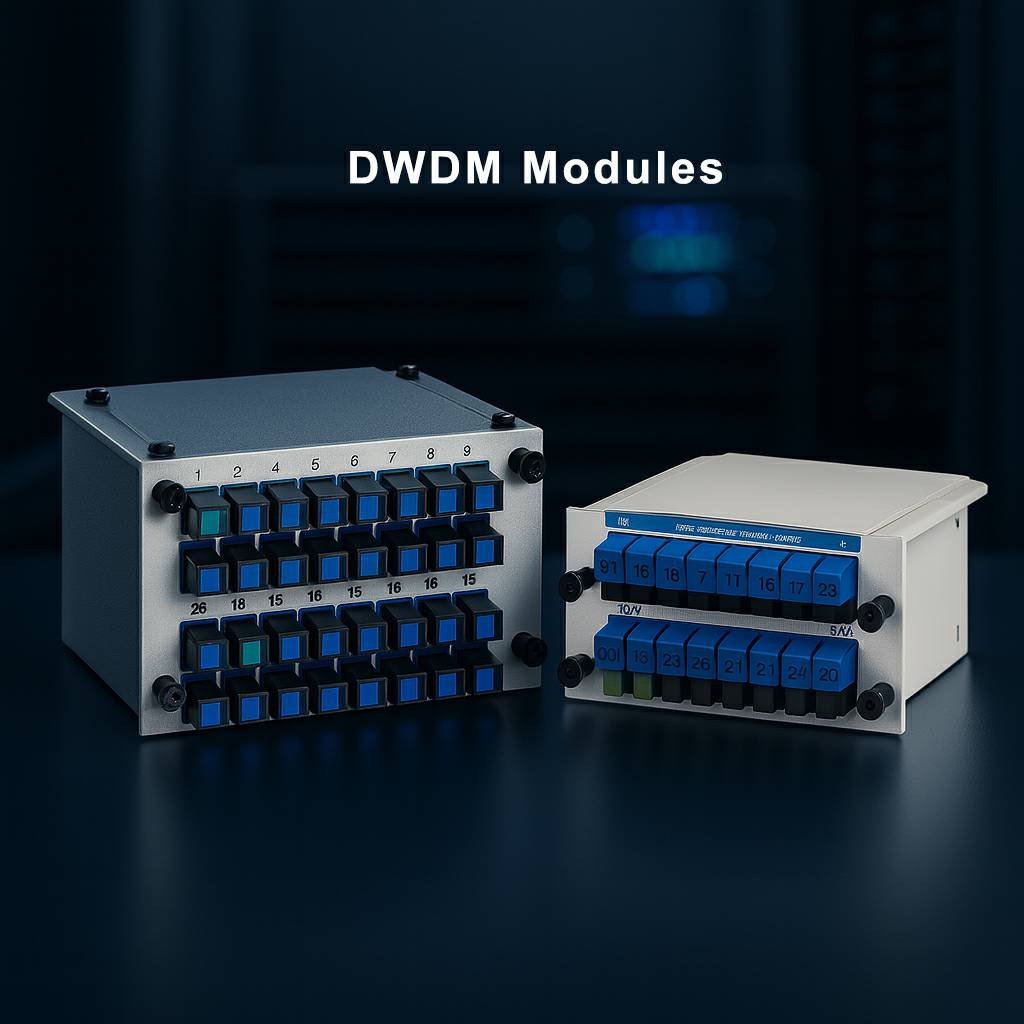 Two DWDM fiber optic modules with multiple blue LC ports, placed on a reflective black surface against a blurred server rack backdrop.