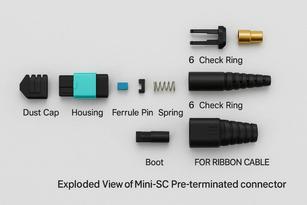 Labeled breakdown of a Mini-SC connector showing dust cap, housing, ferrule pin, sleeve, spring, check ring, copper insert, and boot for both bunchy and ribbon cable assemblies.