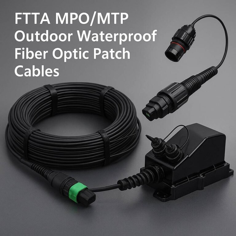 Coiled black outdoor MPO/MTP fiber optic patch cable with green coupling, a detached waterproof connector cap floating above, and a weatherproof closure box, all arranged on a smooth gray background with bold white product name text.