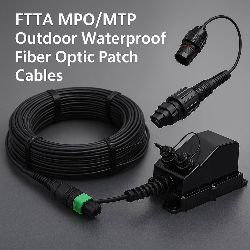 Coiled black outdoor MPO/MTP fiber optic patch cable with green coupling, a detached waterproof connector cap floating above, and a weatherproof closure box, all arranged on a smooth gray background with bold white product name text.