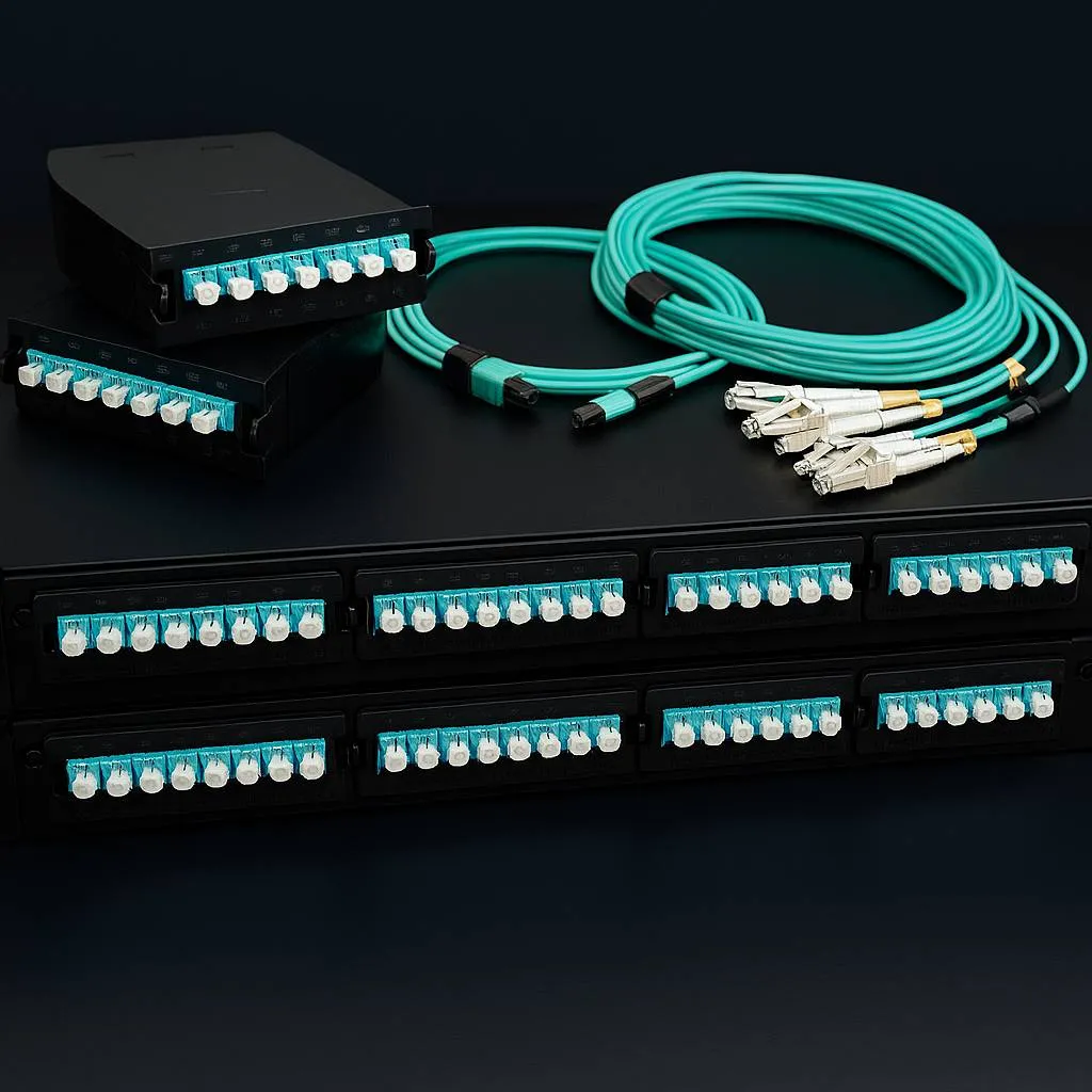 Deux cassettes MPO haute densité empilées et un panneau de brassage monté en rack avec des adaptateurs LC aqua ainsi qu'un câble de distribution MPO vers LC enroulé, disposés sur une surface réfléchissante noire élégante.